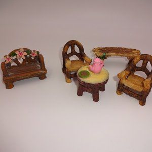 5 Pc Patio Outdoor Faux Wood Dollhouse Furniture Chairs Benches Table Teapot Lot